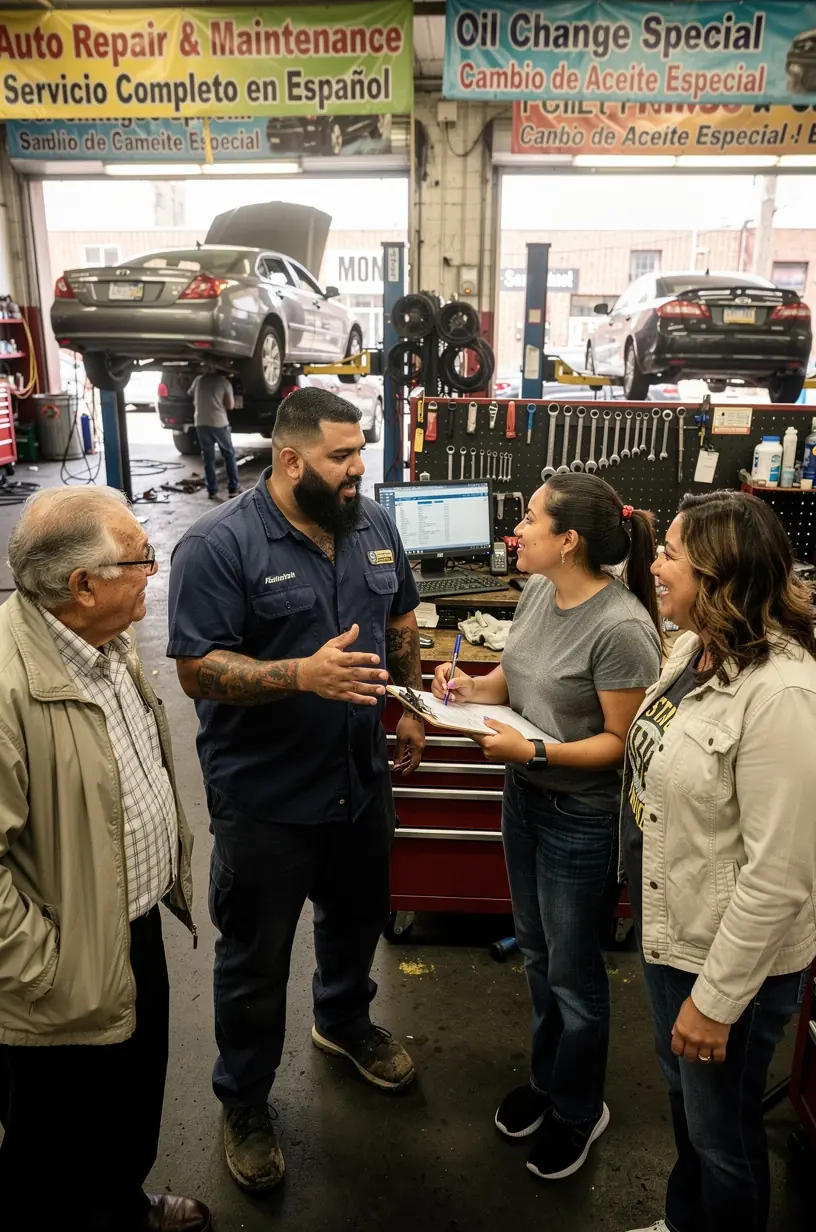 Technician inspecting brakes while providing transparent, bilingual explanations about repair needs.