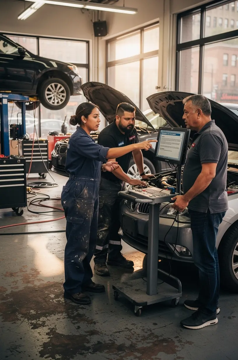 A car lifted in a New York City garage with mechanics discussing maintenance options in English and Spanish.